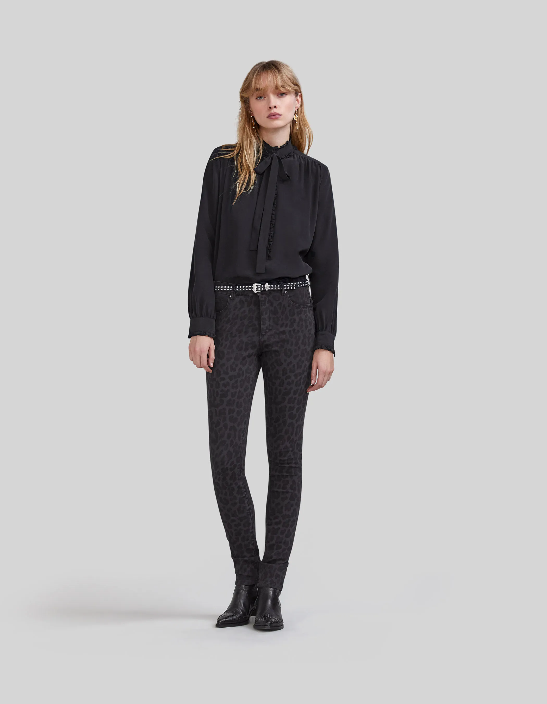 Jean slim anthracite à motif léopard Femme