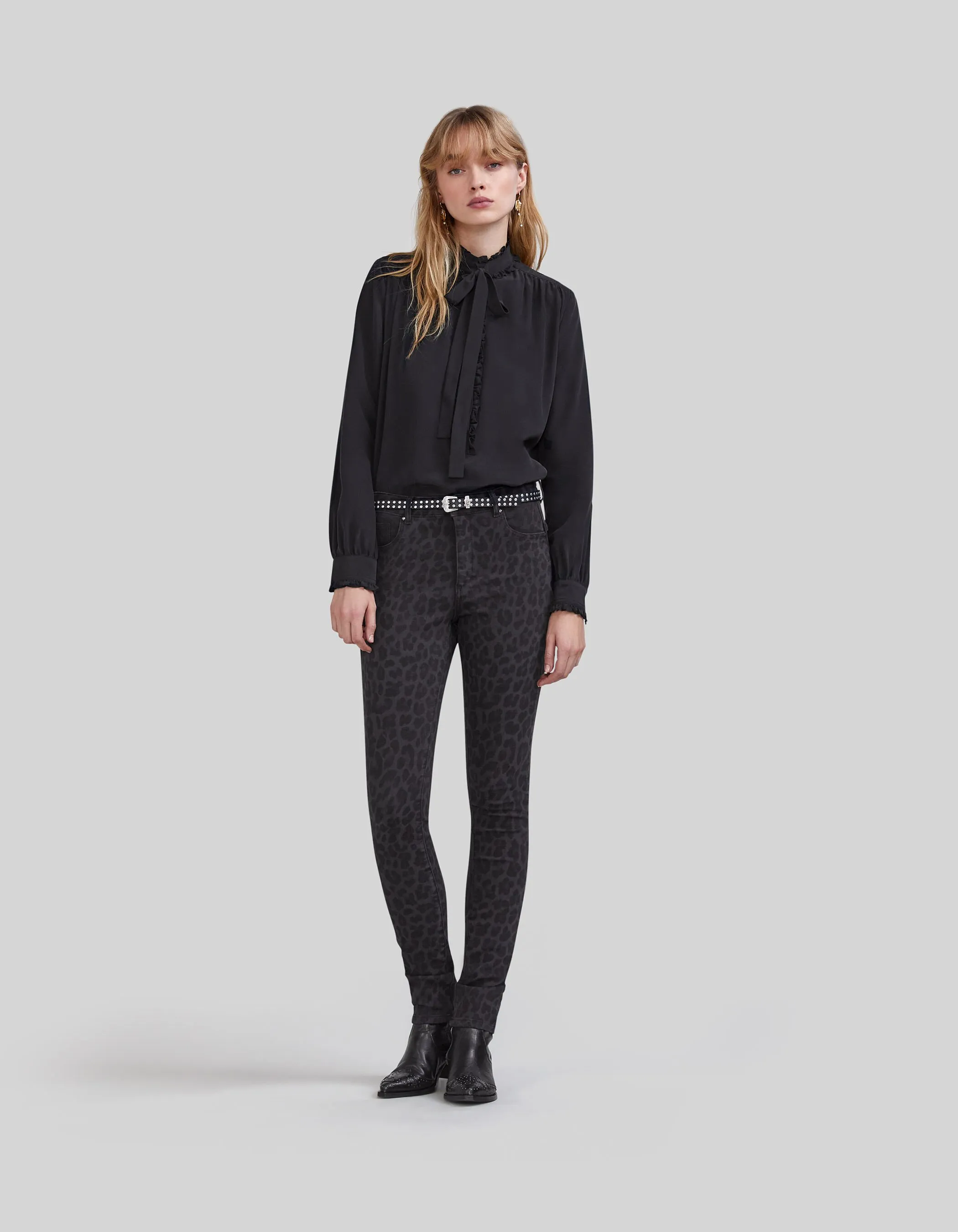 Jean slim anthracite à motif léopard Femme