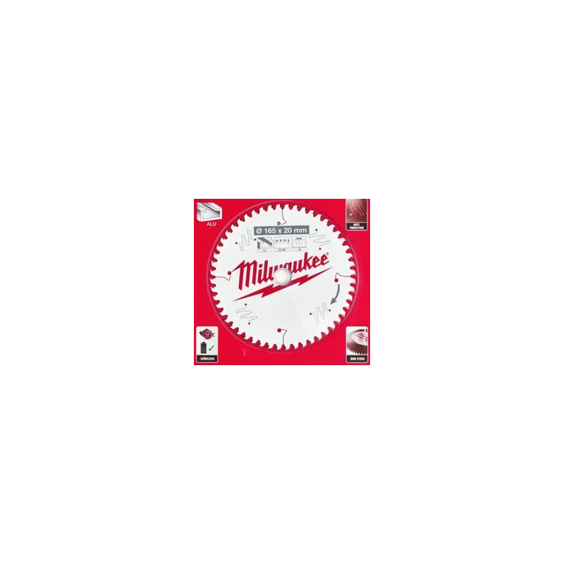 Lame scie circulaire plastique alu MILWAUKEE "4932479087" de diam 165 m/m - alésage 20 - 52 dents 