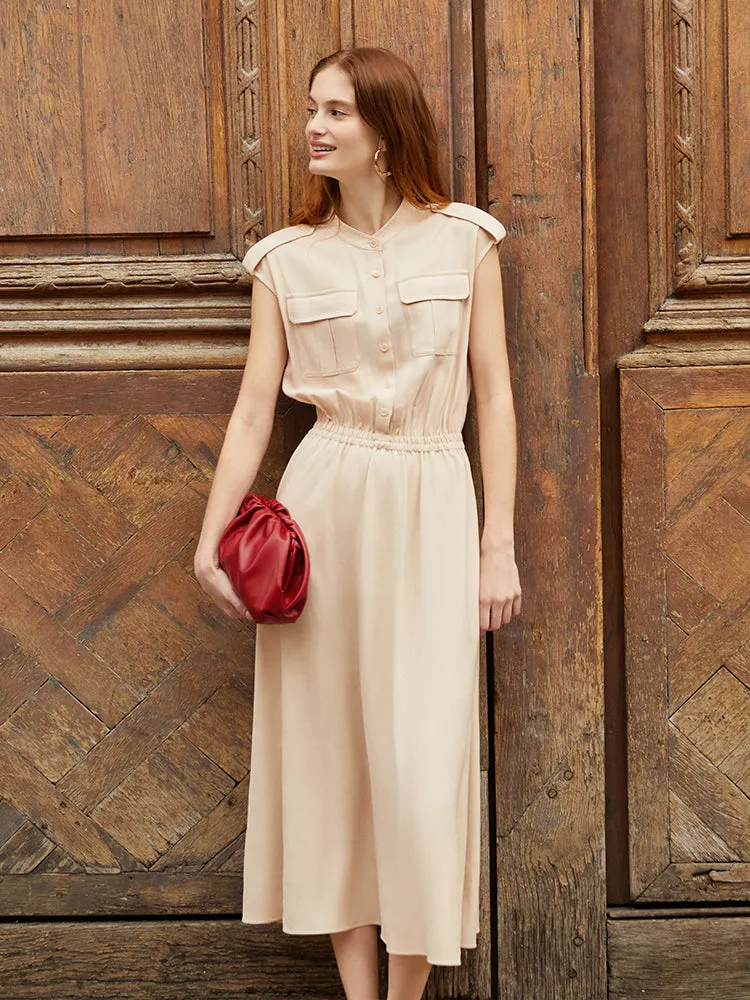 Robe longue en acétate à taille froncée pour femmes, avec poches