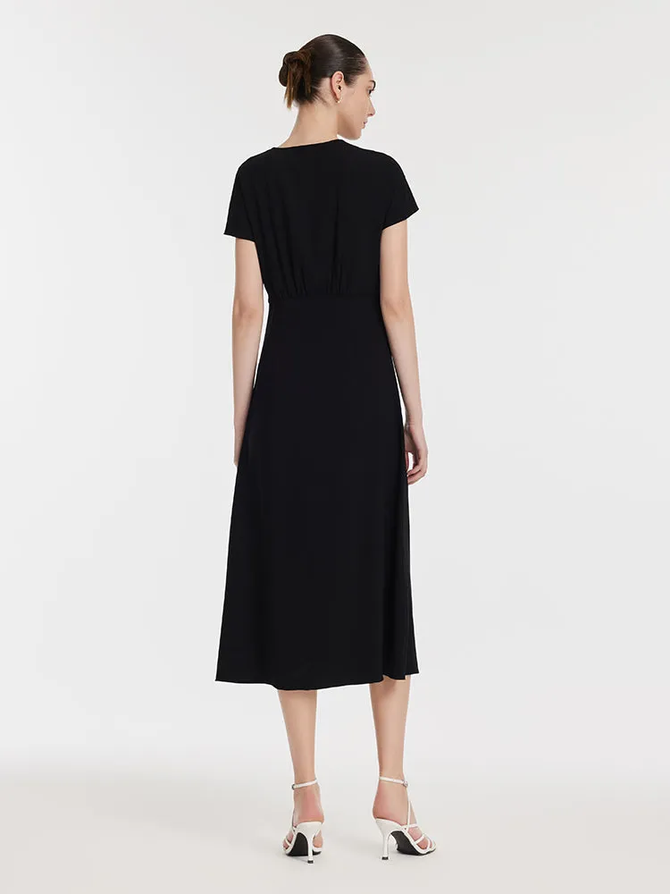Robe midi froncée en triacétate à col en V pour femme