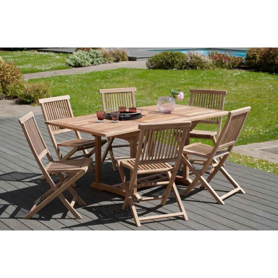 SALON DE JARDIN EN BOIS TECK 4/6 pers : Ensemble de jardin - 1 Table rectangulaire extensible 120/180*90 cm et 6 chaises | 3 Sui
